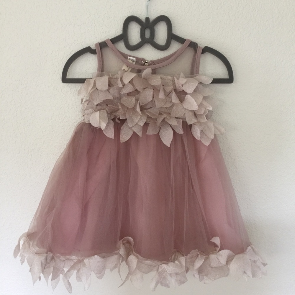 Mauve baby dress with frilly details.